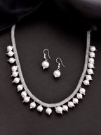 VOJ Silver Plated Pearls and AD-Studded Necklace & Earrings