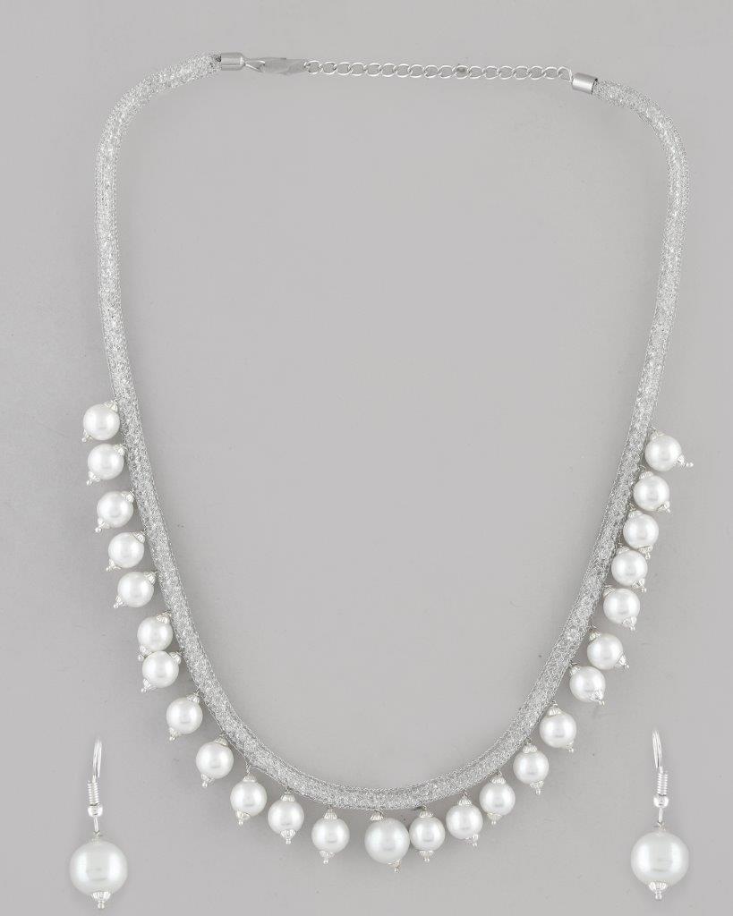 VOJ Silver Plated Pearls and AD-Studded Necklace & Earrings