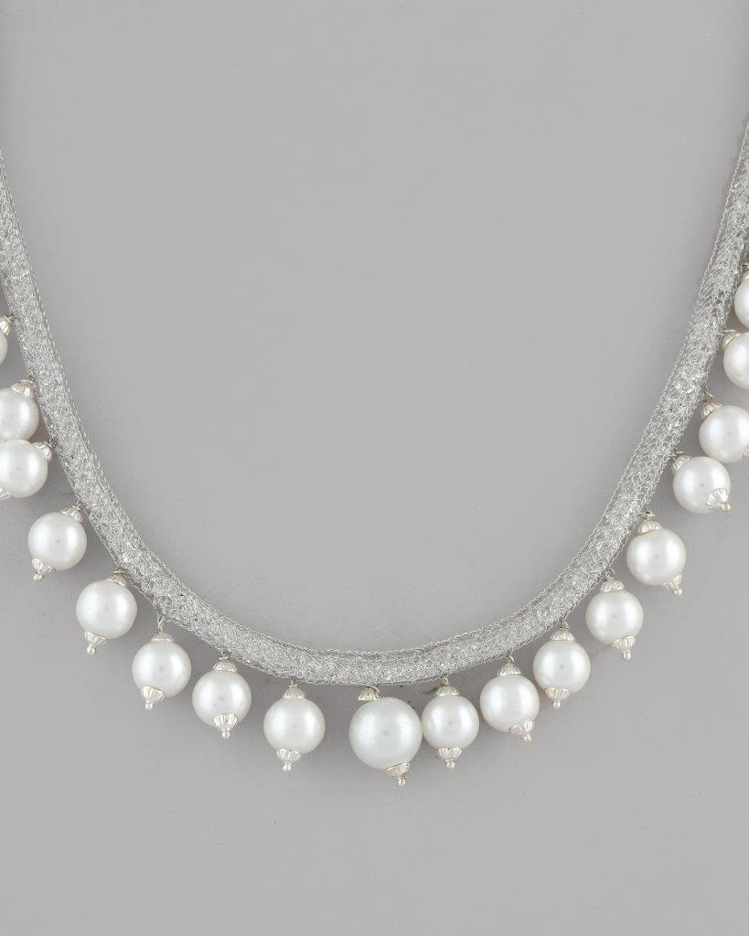 VOJ Silver Plated Pearls and AD-Studded Necklace & Earrings