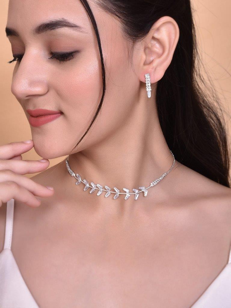 VOJ Silver Plated AD-Studded Necklace & Earrings Set