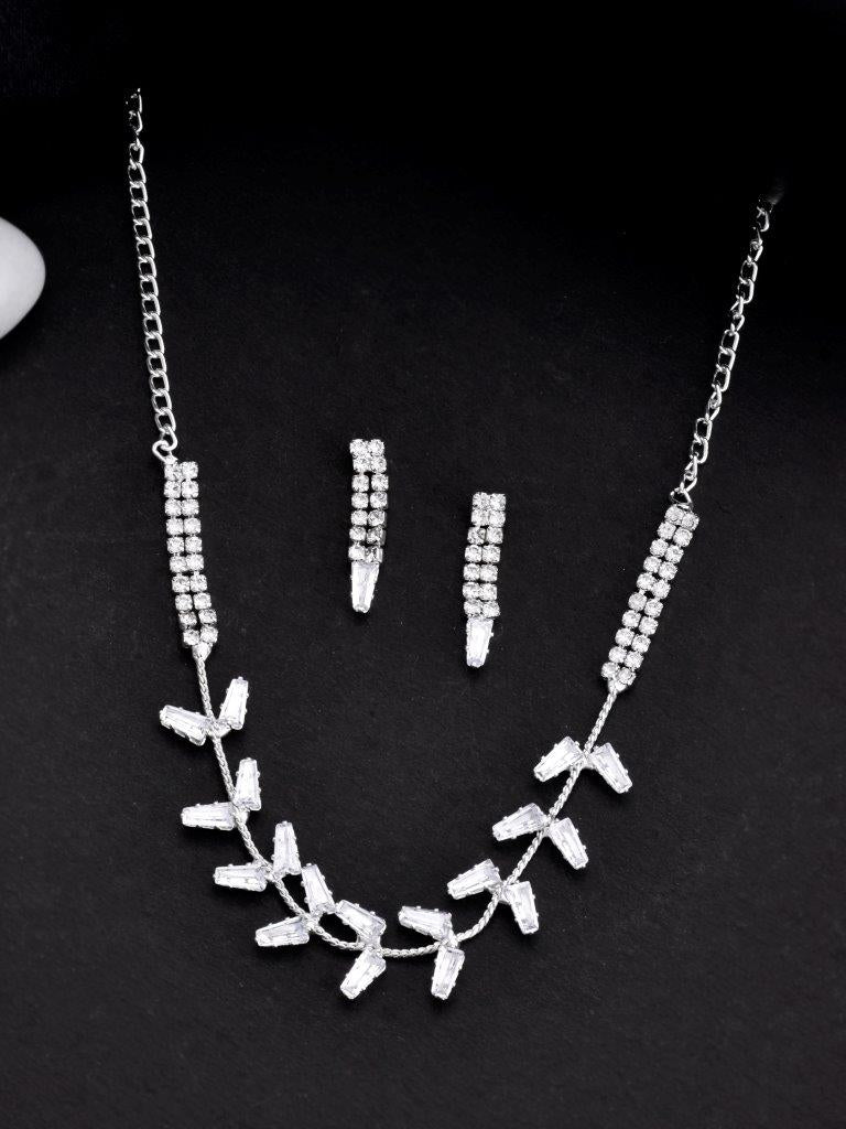 VOJ Silver Plated AD-Studded Necklace & Earrings Set