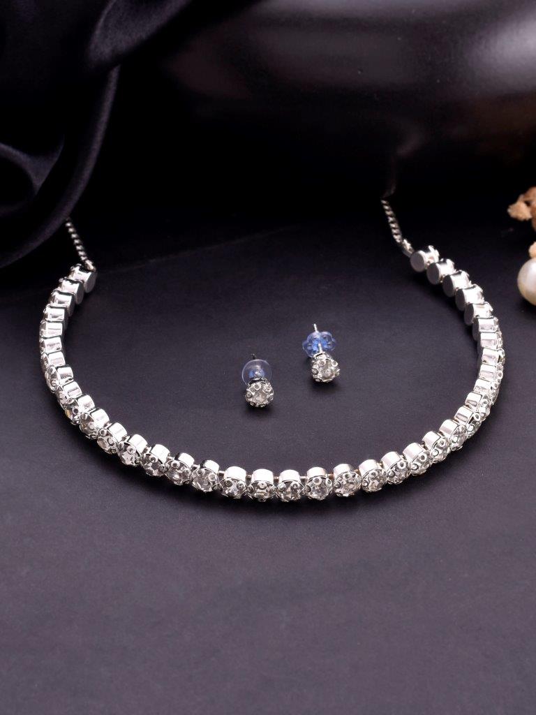 VOJ Silver Plated Beads Choker Neckless With Earring Set