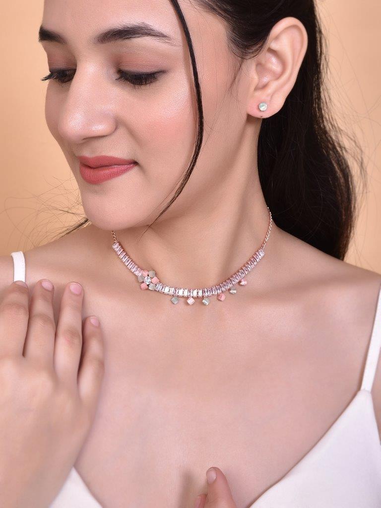 VOJ Rose Gold-Polished AD-Studded Necklace & Earrings