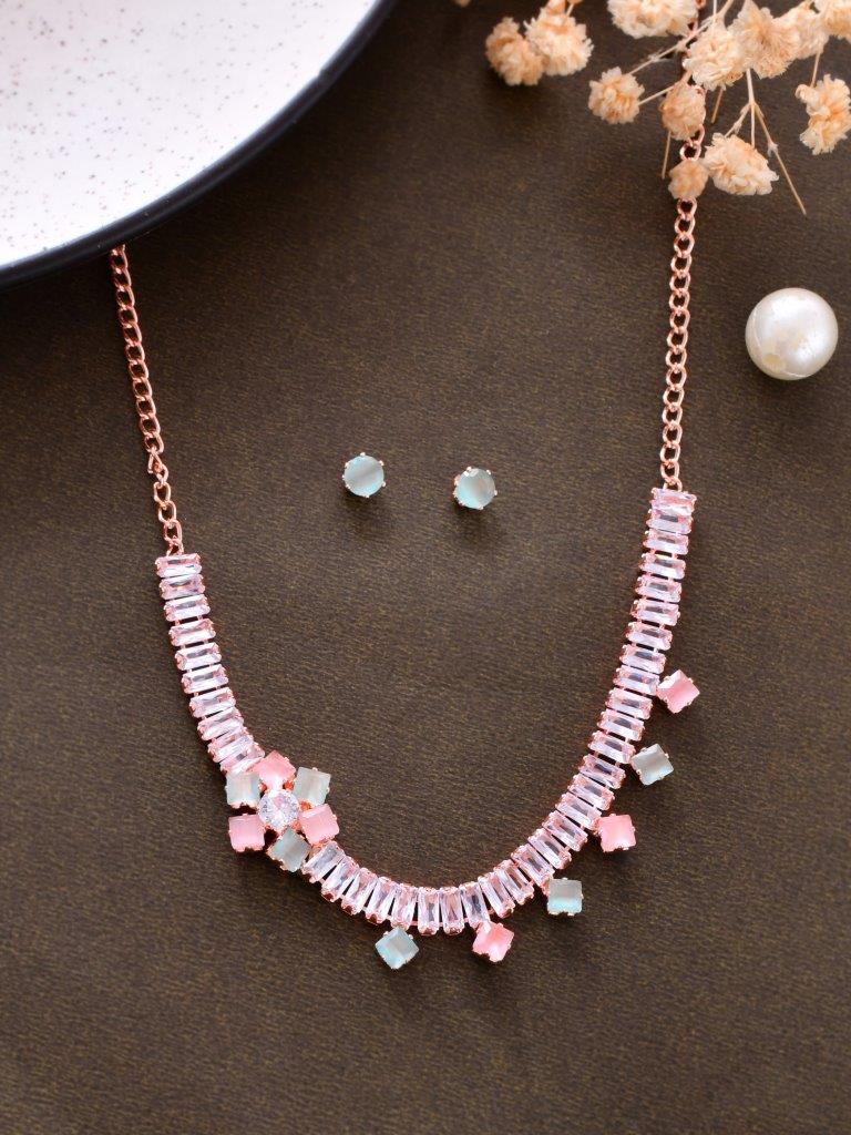 VOJ Rose Gold-Polished AD-Studded Necklace & Earrings