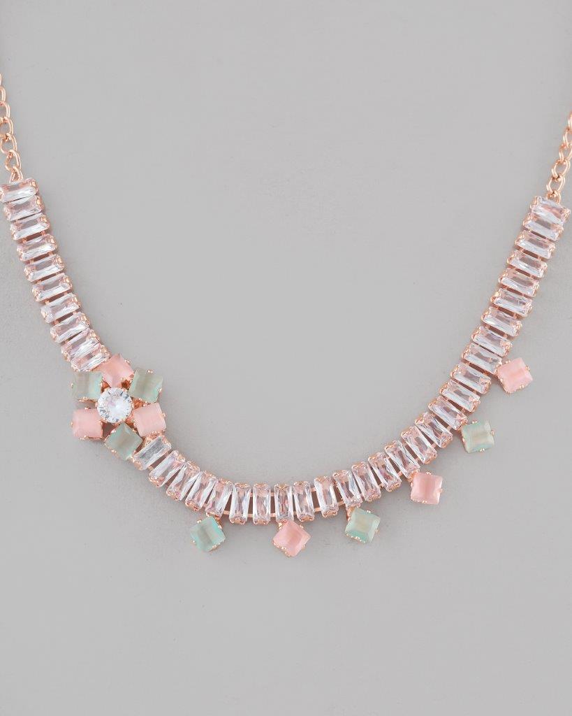 VOJ Rose Gold-Polished AD-Studded Necklace & Earrings