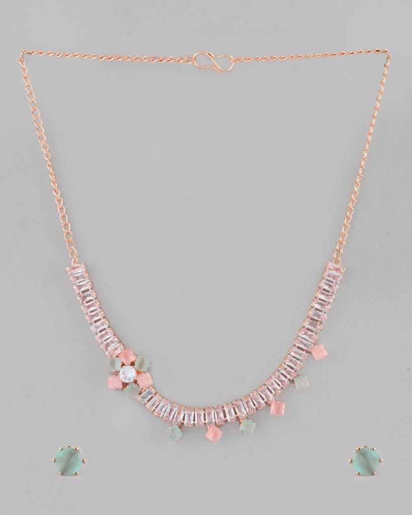 VOJ Rose Gold-Polished AD-Studded Necklace & Earrings