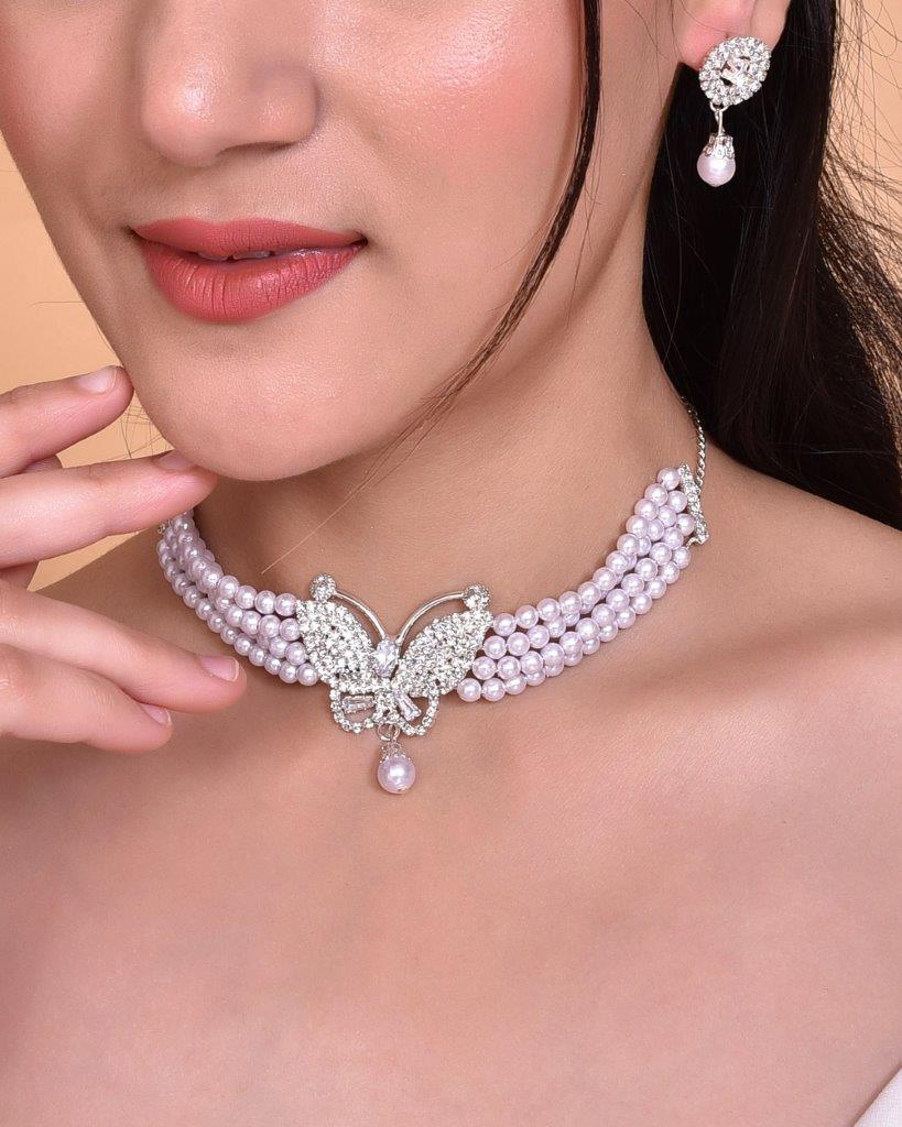 VOJ Gold-Polished Kundan Studsed And Beaded Choker Necklace and Earring Set