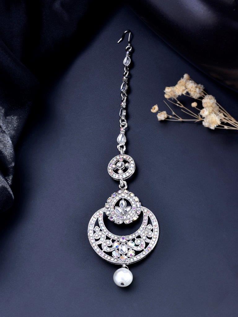 VOJ Silver Plated White AD-Studded Handcrafted Maang Tikka - Distacart
