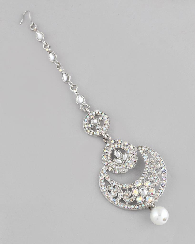 VOJ Silver Plated White AD-Studded Handcrafted Maang Tikka - Distacart