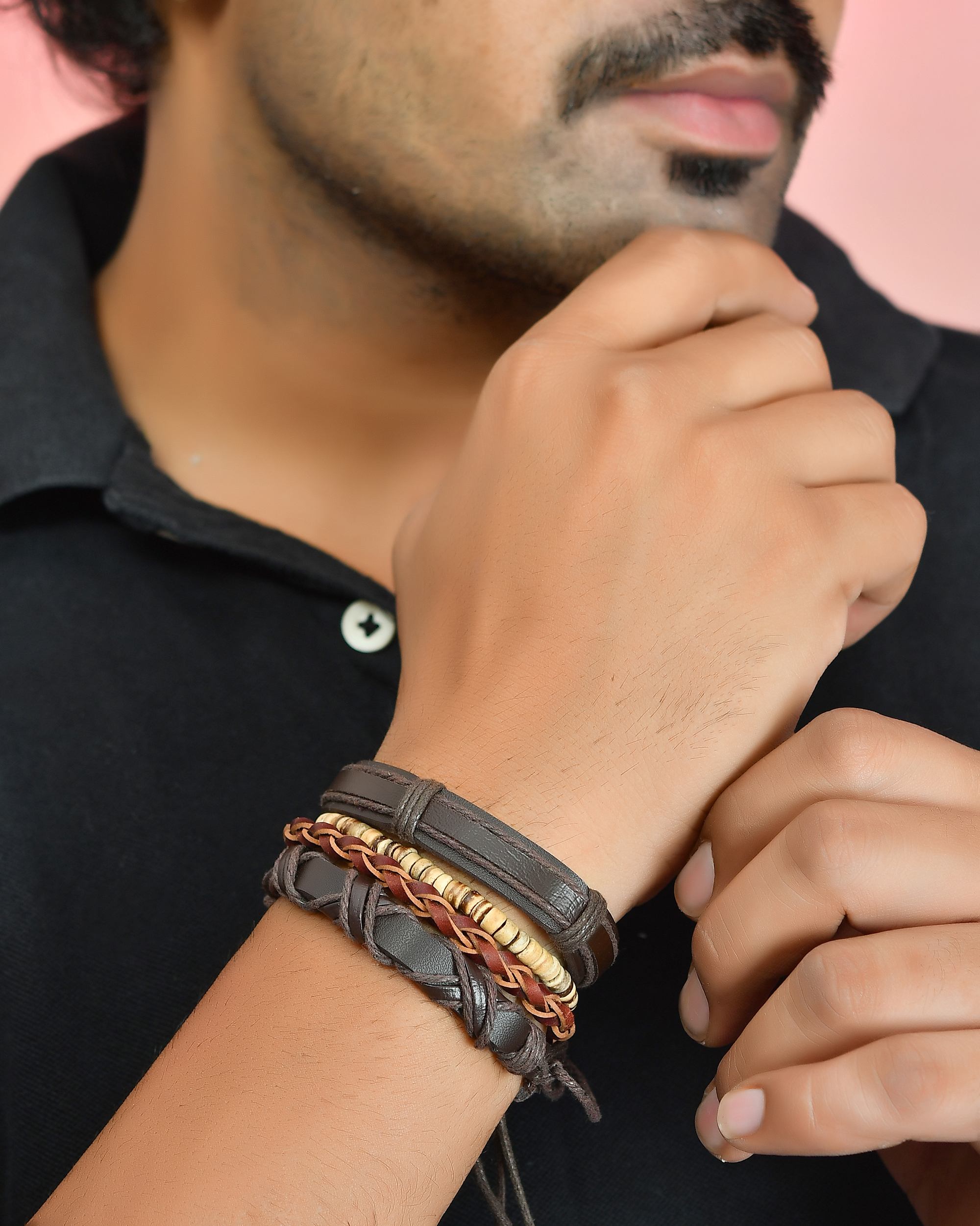 VOJ Men Set of 4 Brown Leather Wrap around Bracelet - Distacart