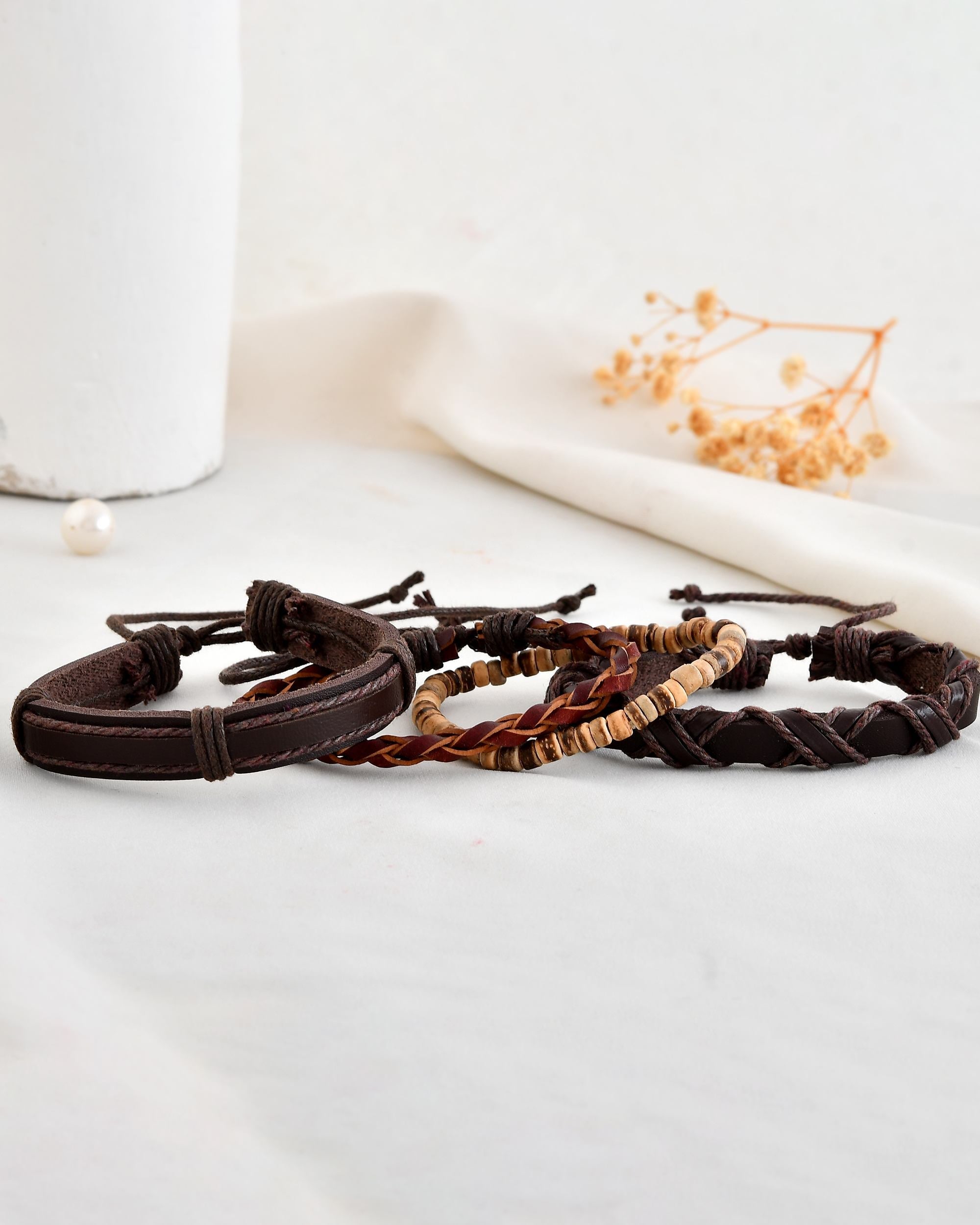 VOJ Men Set of 4 Brown Leather Wrap around Bracelet - Distacart