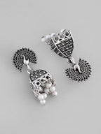 VOJ White Beads Studded Oxidised Silver Plated Contemporary Jhumka - Distacart