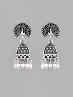 VOJ White Beads Studded Oxidised Silver Plated Contemporary Jhumka - Distacart