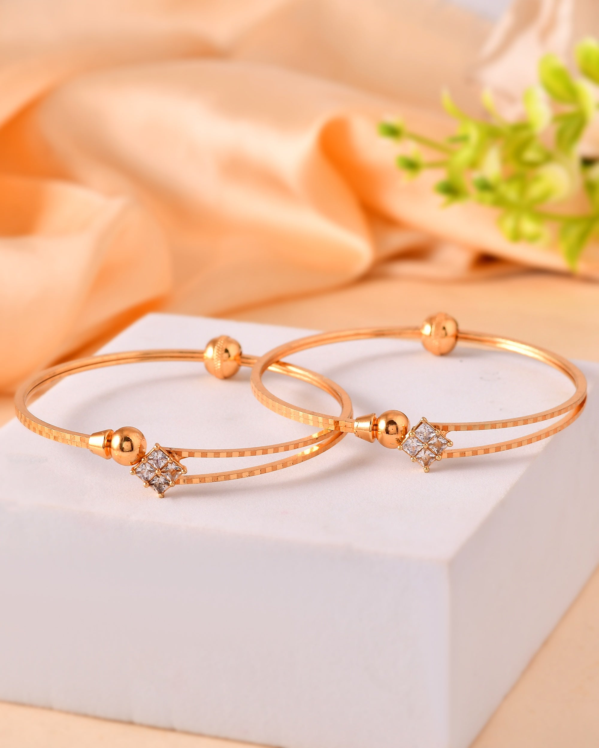 VOJ Set Of 2 Gold Polished Stone Studded Squares Shaped Bangles