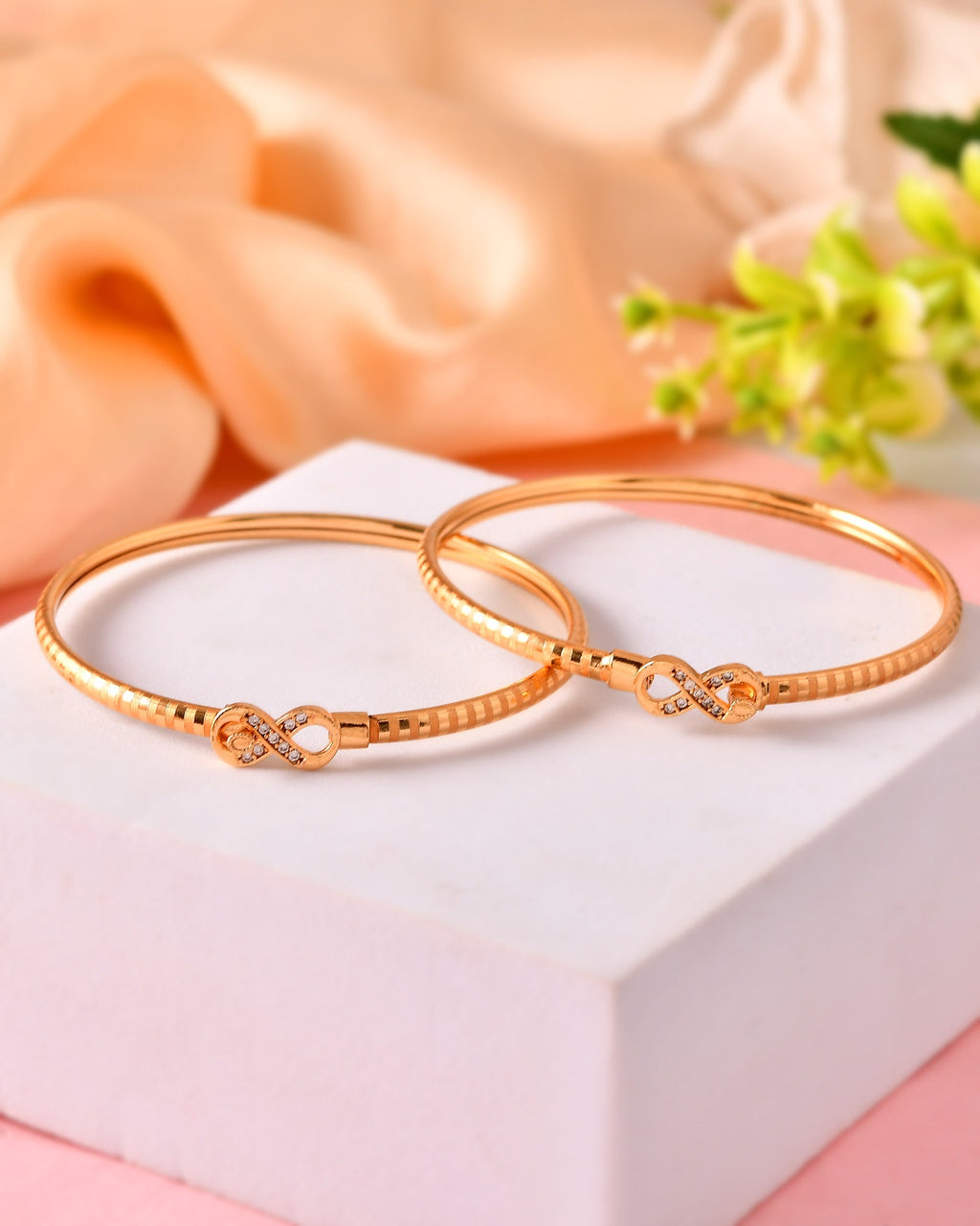 VOJ Set Of 2 Gold Polished AD Studded Infinite Shaped Bangles