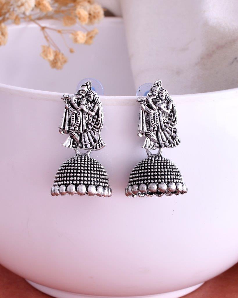 VOJ Kanha Studded Oxidised Silver Plated Contemporary Jhumka - Distacart