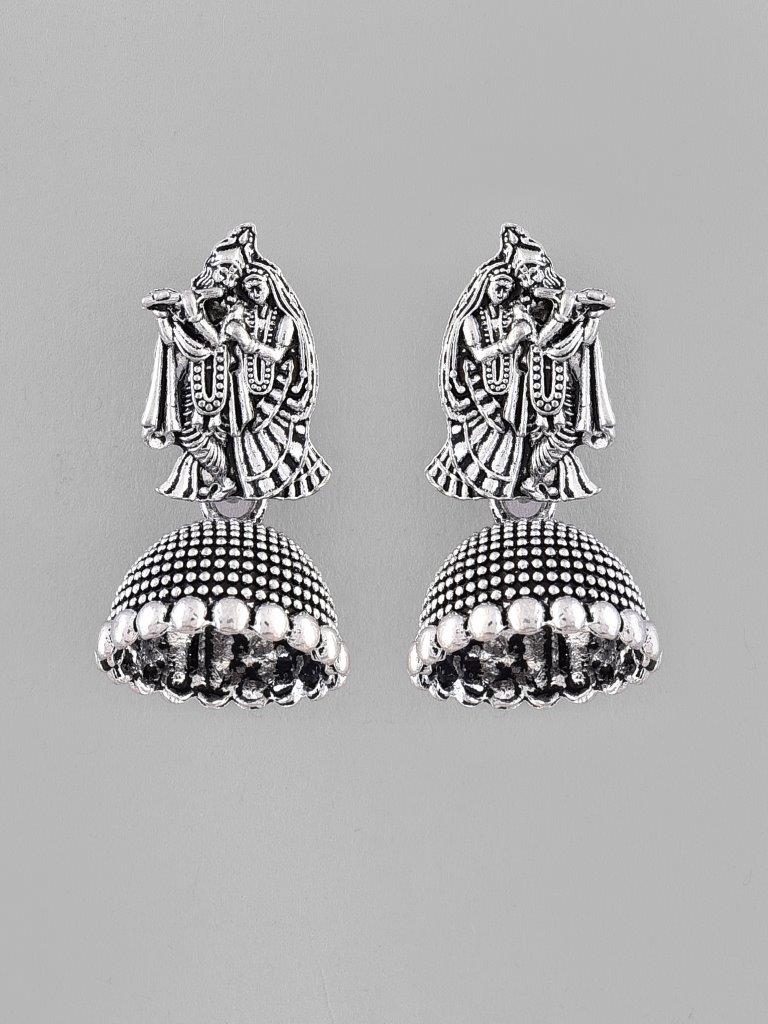 VOJ Kanha Studded Oxidised Silver Plated Contemporary Jhumka - Distacart