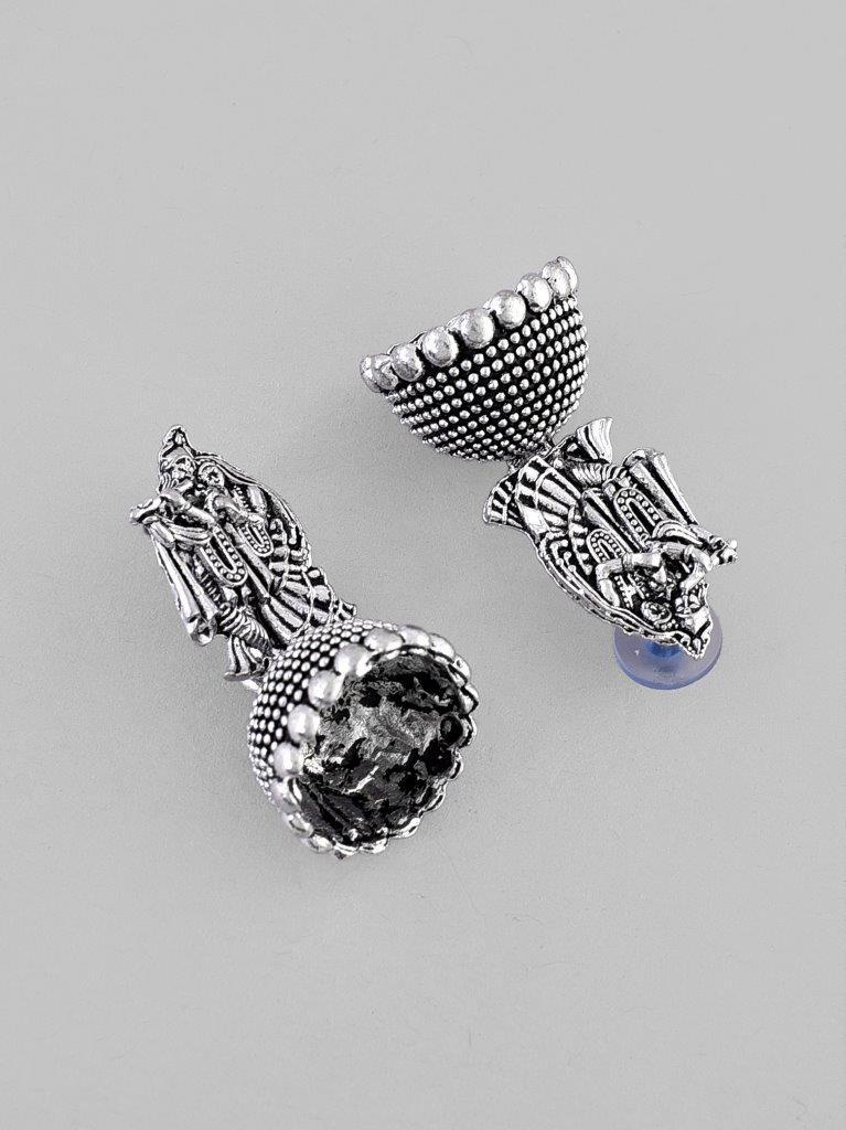 VOJ Kanha Studded Oxidised Silver Plated Contemporary Jhumka - Distacart