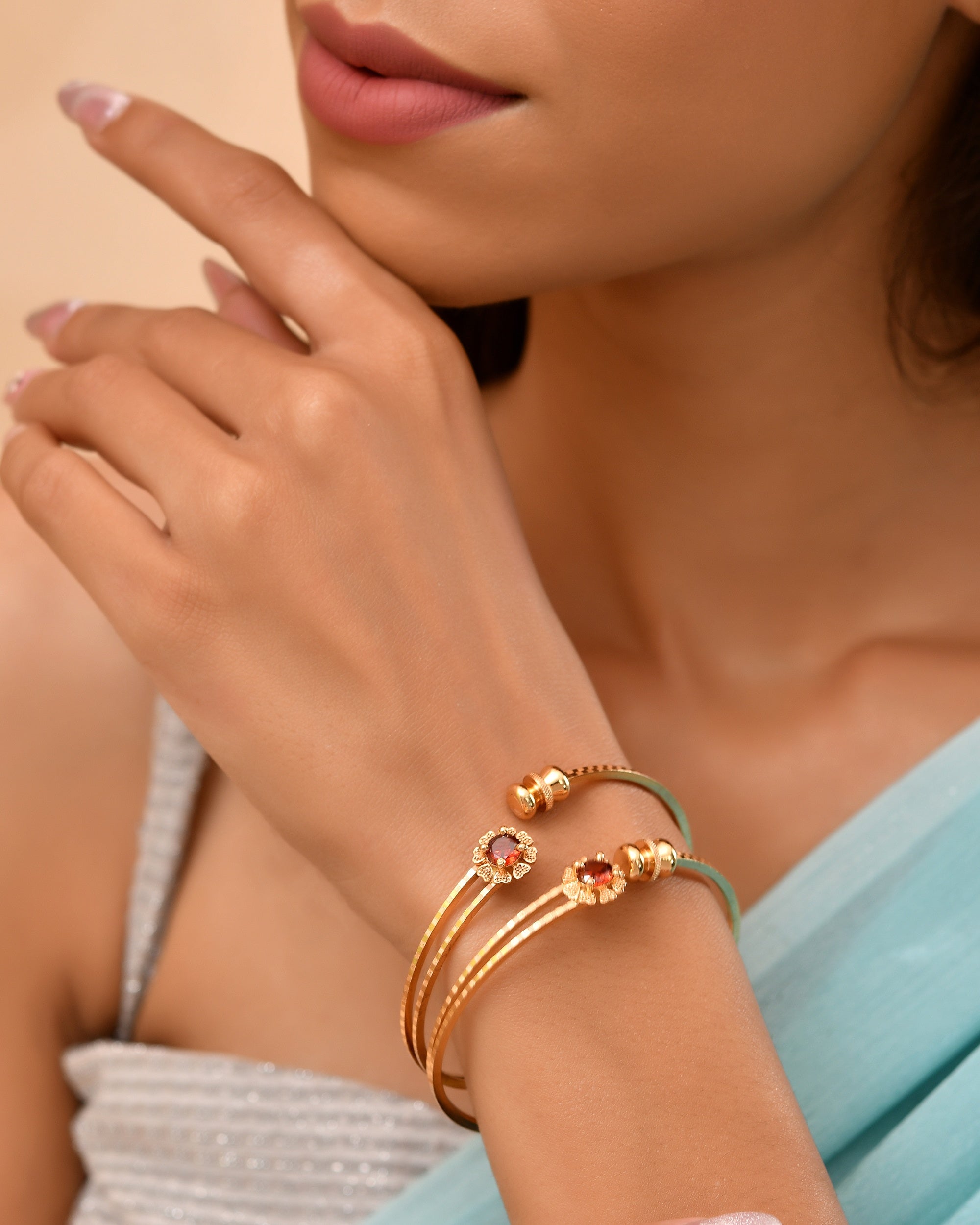 VOJ Set Of 2 Gold Polished Red Stone-Studded Bangles - Distacart