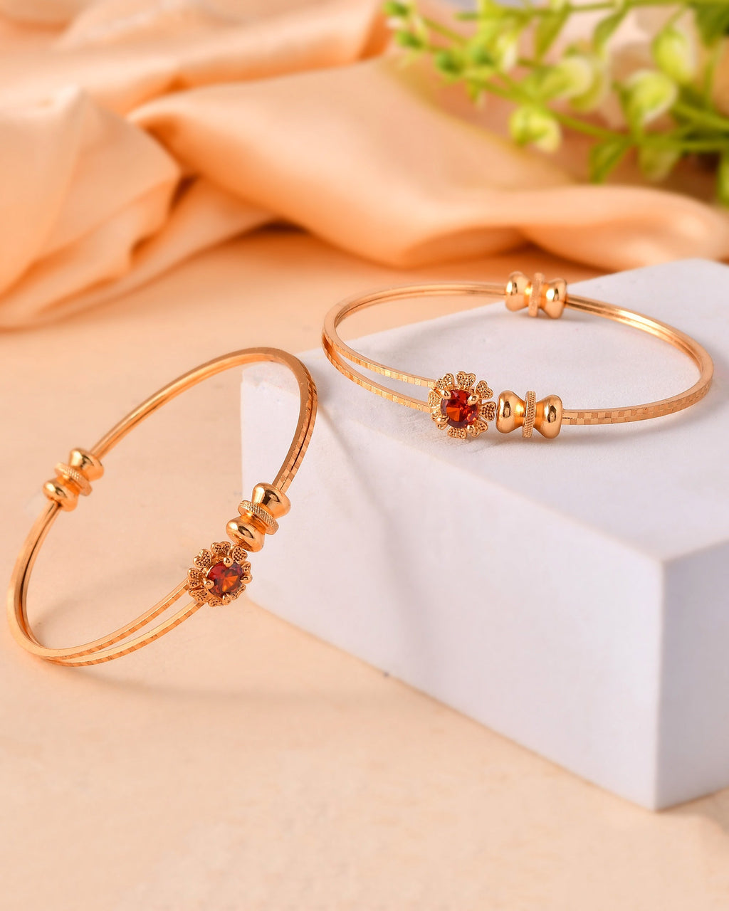 VOJ Set Of 2 Gold Polished Red Stone-Studded Bangles - Distacart