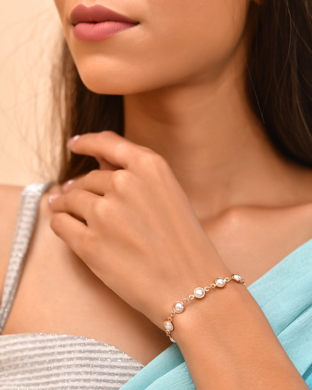 VOJ Rose Gold Polished Pearl Studded Bracelet - Distacart