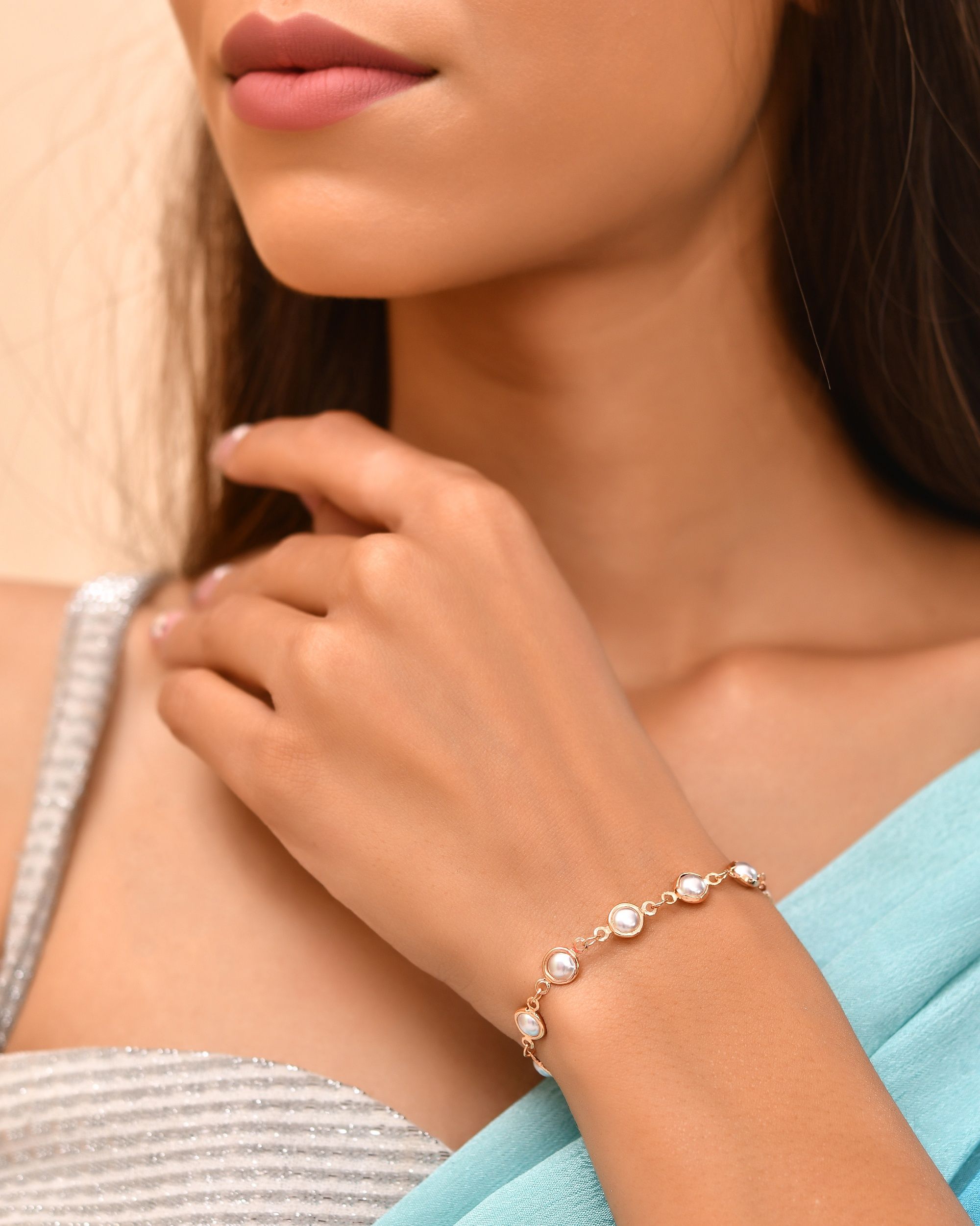 VOJ Rose Gold Polished Pearl Studded Bracelet - Distacart