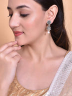 VOJ White Bead Studded Circular Oxidised Silver Plated Contemporary Jhumka - Distacart
