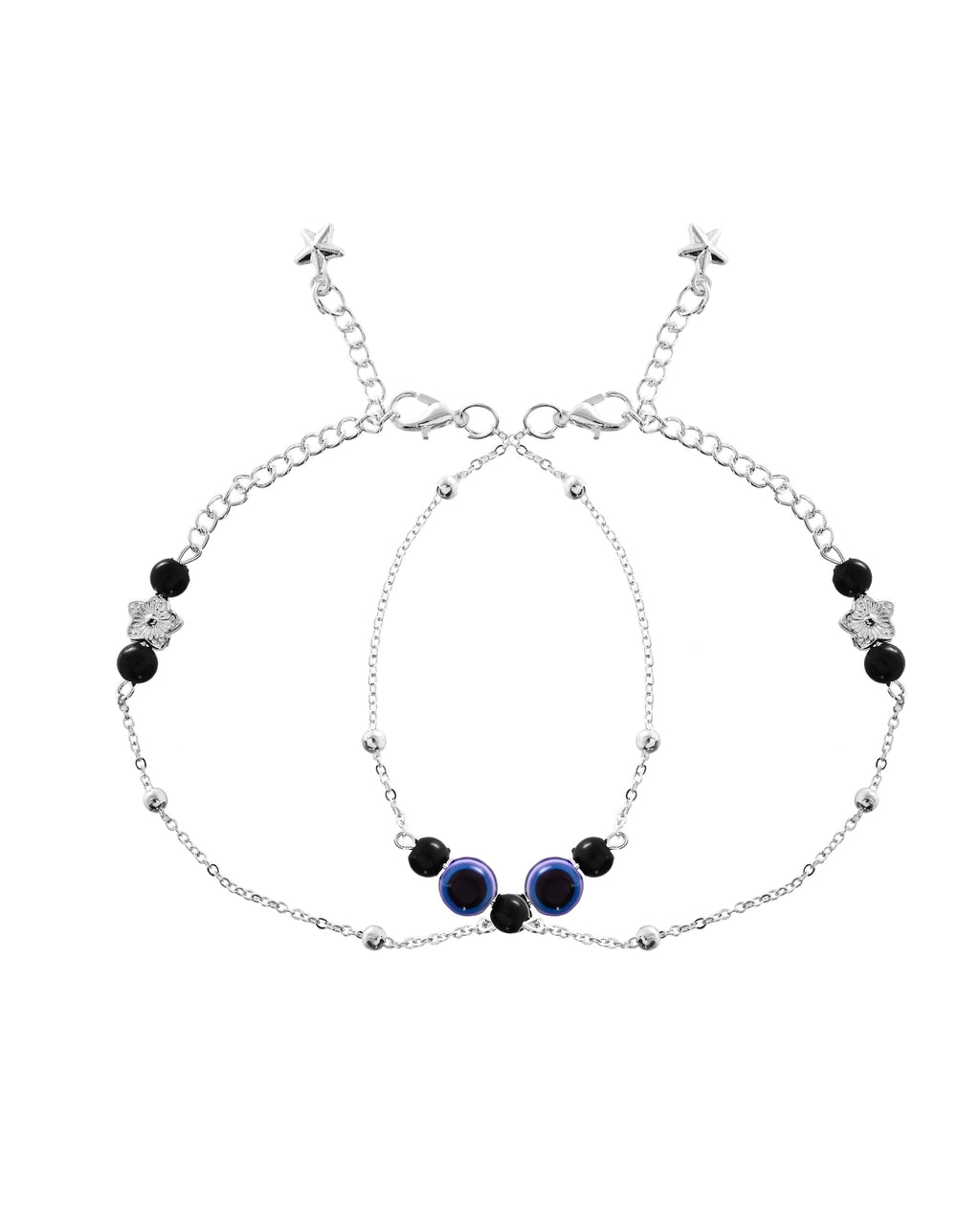 VOJ Set of 2 Silver Plated Evil Eye Beaded Anklet