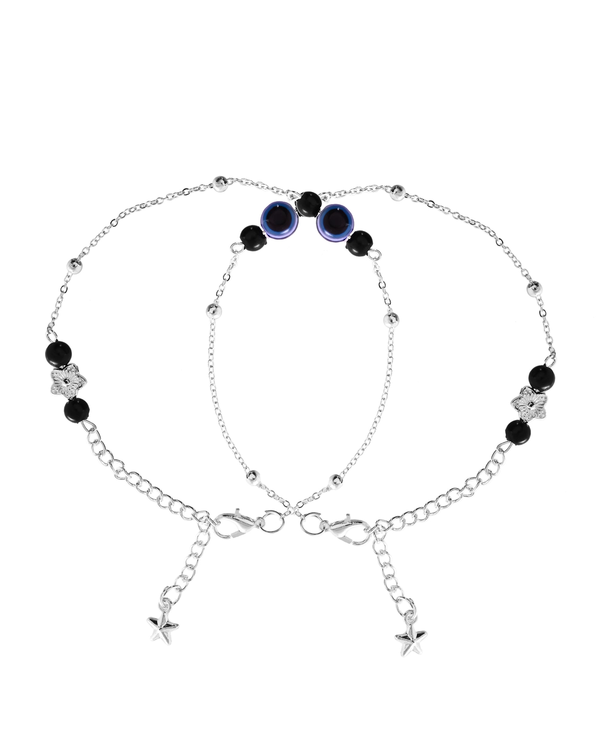 VOJ Set of 2 Silver Plated Evil Eye Beaded Anklet