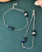 VOJ Set of 2 Silver Plated Evil Eye Beaded Anklet