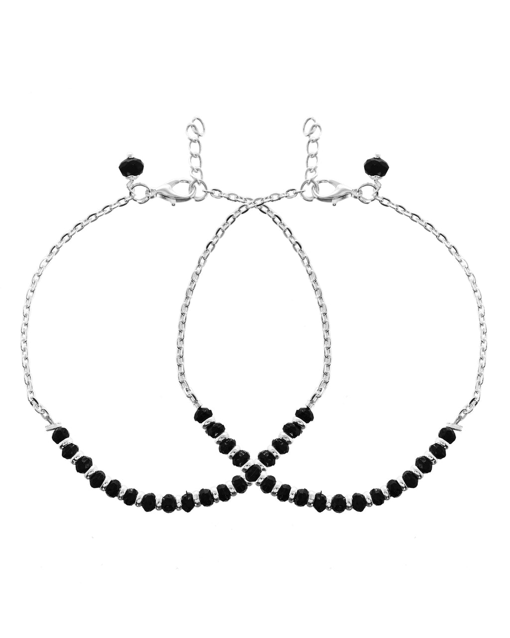 VOJ Set Of 2 Silver-Plated Artificial Beads Stainless Steel Anklet