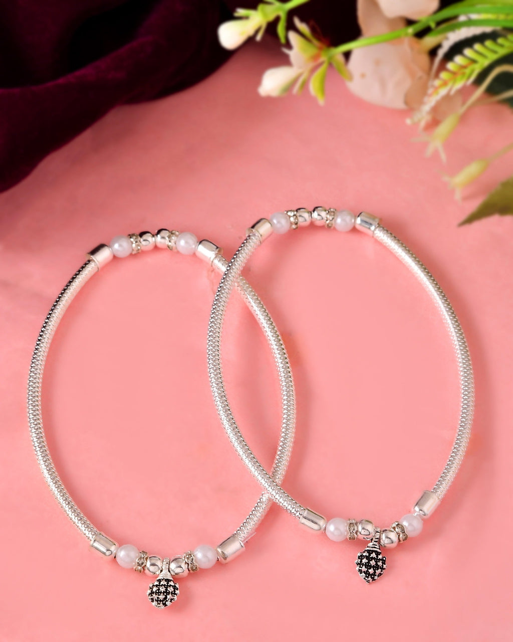 VOJ Set of 2 Silver Plated Stainless Steel Elasticated Anklet - Distacart