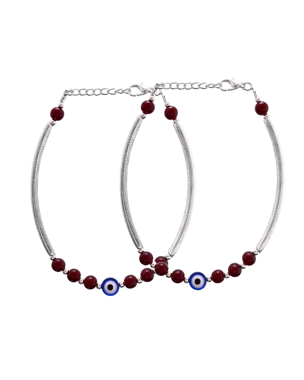 VOJ Set of 2 Silver Plated Artificial Beads Studded Evil Eye Anklet - Distacart