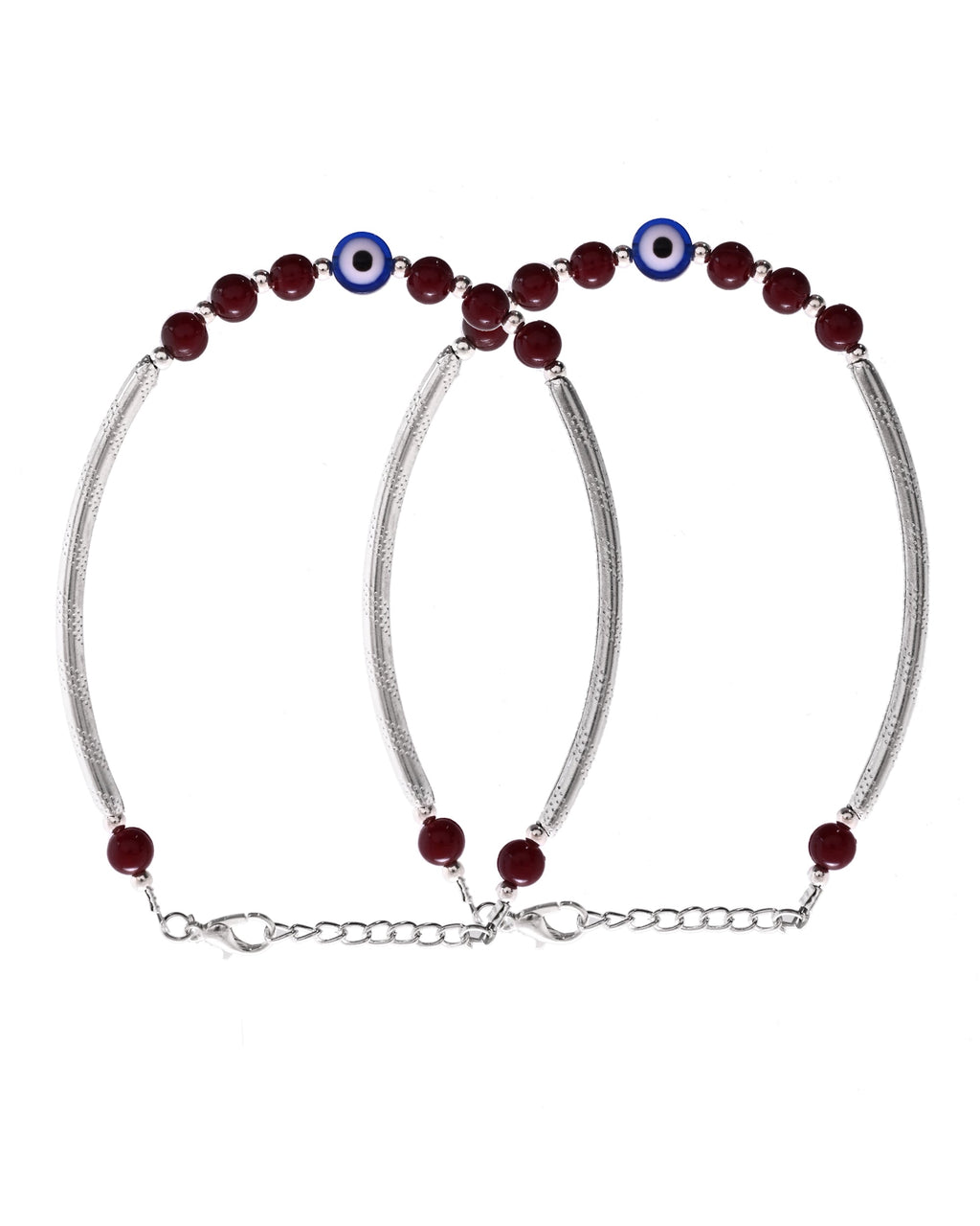 VOJ Set of 2 Silver Plated Artificial Beads Studded Evil Eye Anklet - Distacart