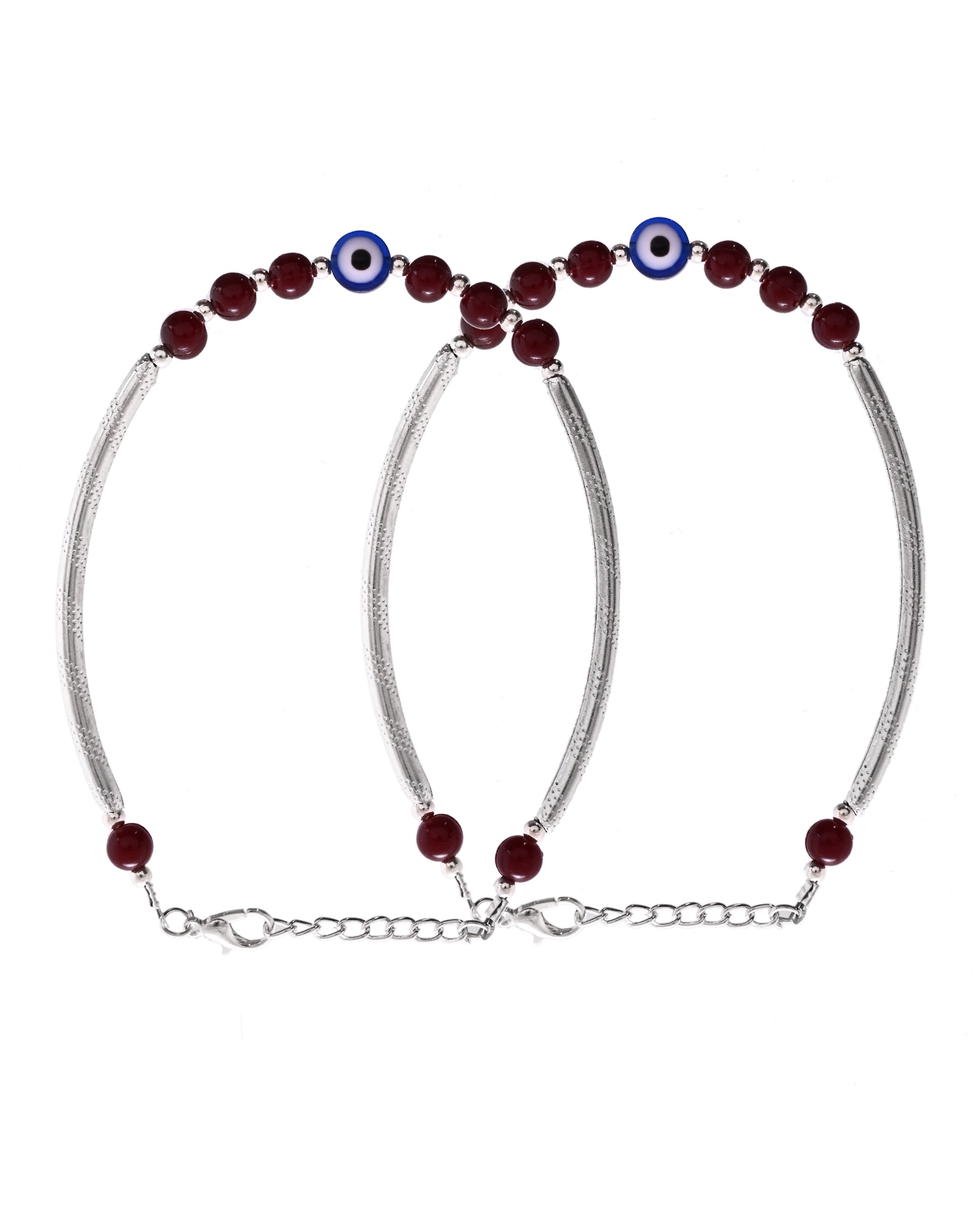 VOJ Set of 2 Silver Plated Artificial Beads Studded Evil Eye Anklet - Distacart