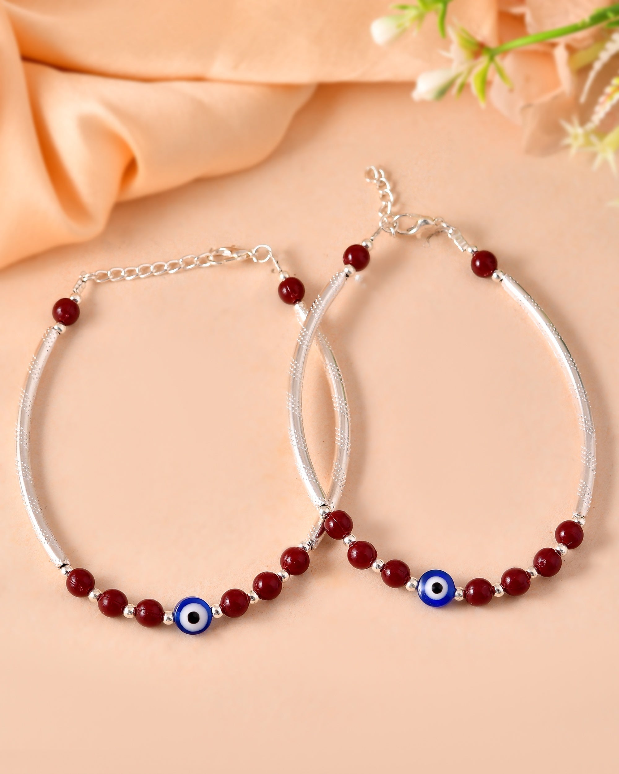 VOJ Set of 2 Silver Plated Artificial Beads Studded Evil Eye Anklet - Distacart