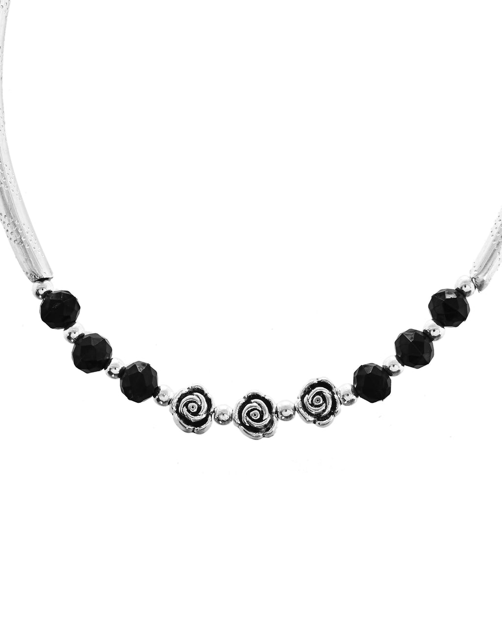 VOJ Set of 2 Silver Plated Black Artificial Beads Studded Anklet
