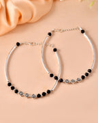VOJ Set of 2 Silver Plated Black Artificial Beads Studded Anklet