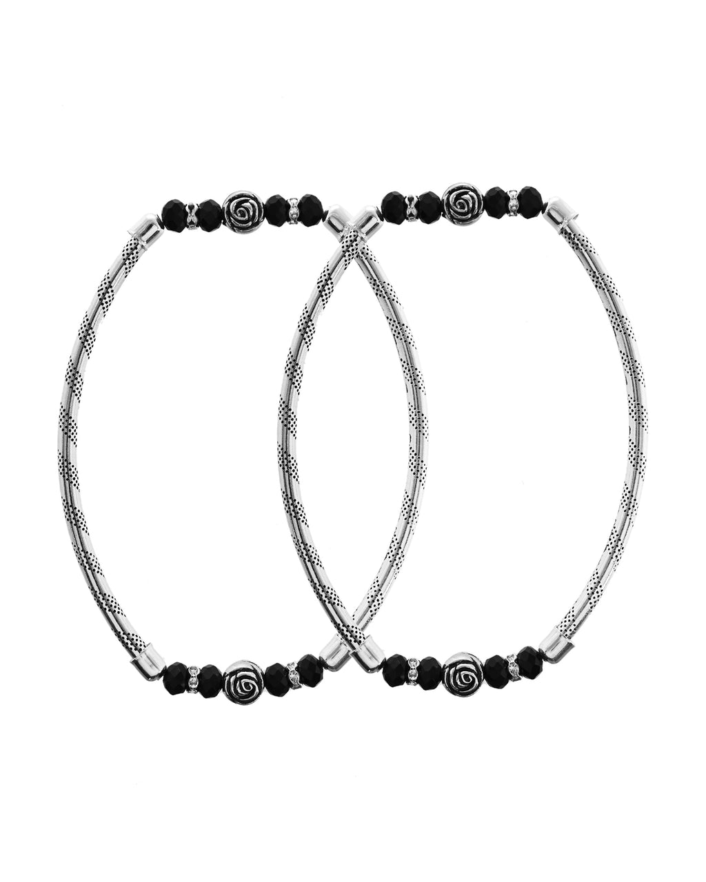VOJ Set of 2 Silver Tone Stainless Steel Artificial Beads Elasticated Anklet