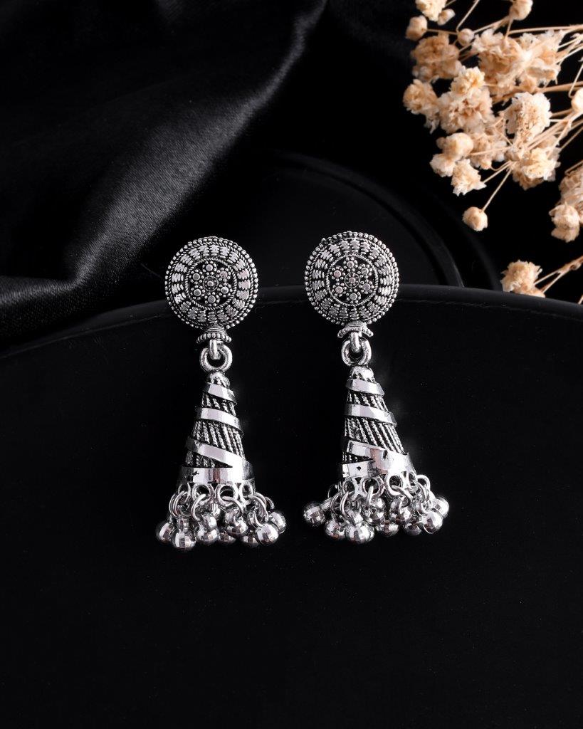 VOJ Oxidised Silver Plated Contemporary Jhumka - Distacart