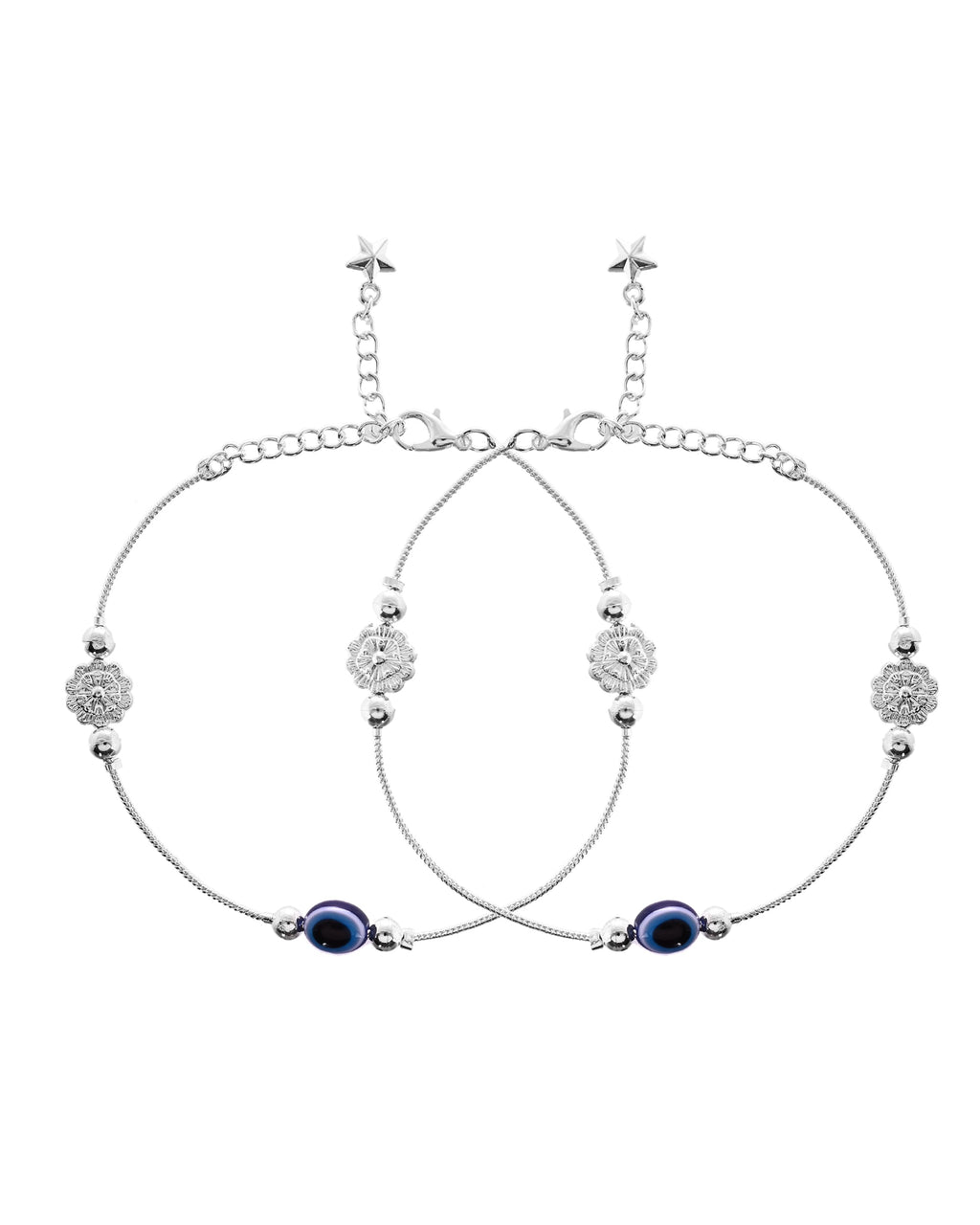 VOJ Set of 2 Silver Plated Evil Eye Bead Studded Stainless Steel Anklet - Distacart