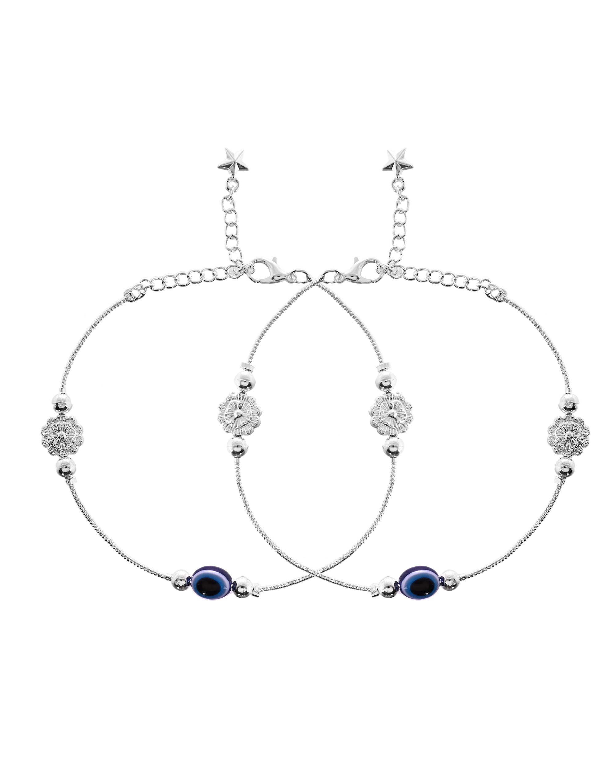 VOJ Set of 2 Silver Plated Evil Eye Bead Studded Stainless Steel Anklet - Distacart