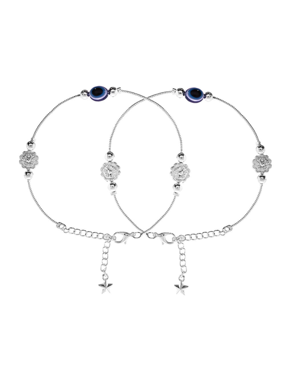VOJ Set of 2 Silver Plated Evil Eye Bead Studded Stainless Steel Anklet - Distacart