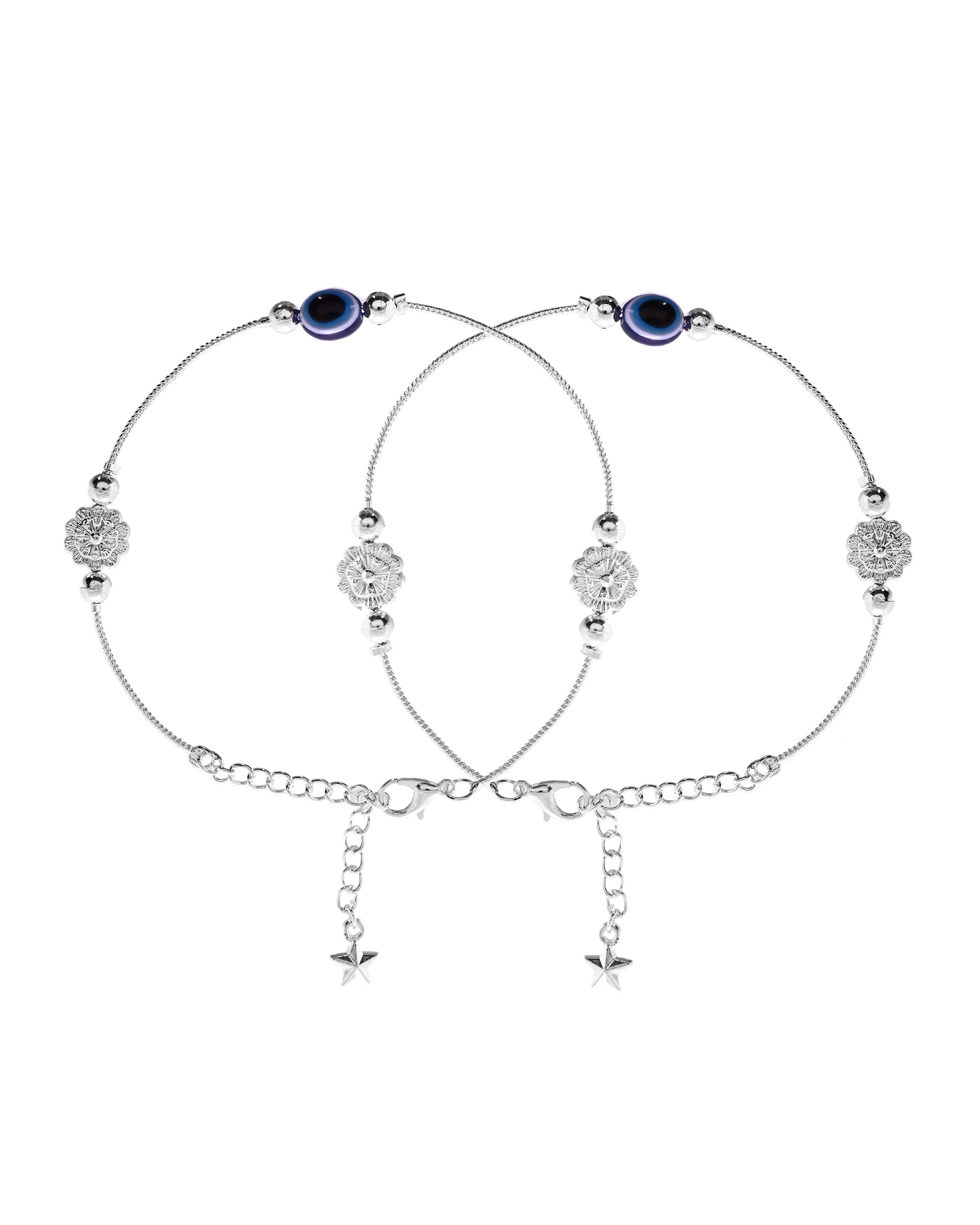 VOJ Set of 2 Silver Plated Evil Eye Bead Studded Stainless Steel Anklet - Distacart