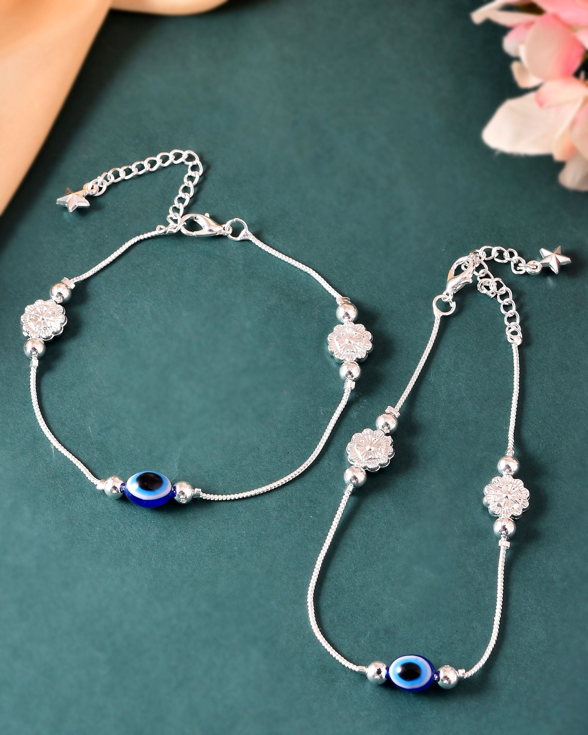 VOJ Set of 2 Silver Plated Evil Eye Bead Studded Stainless Steel Anklet - Distacart