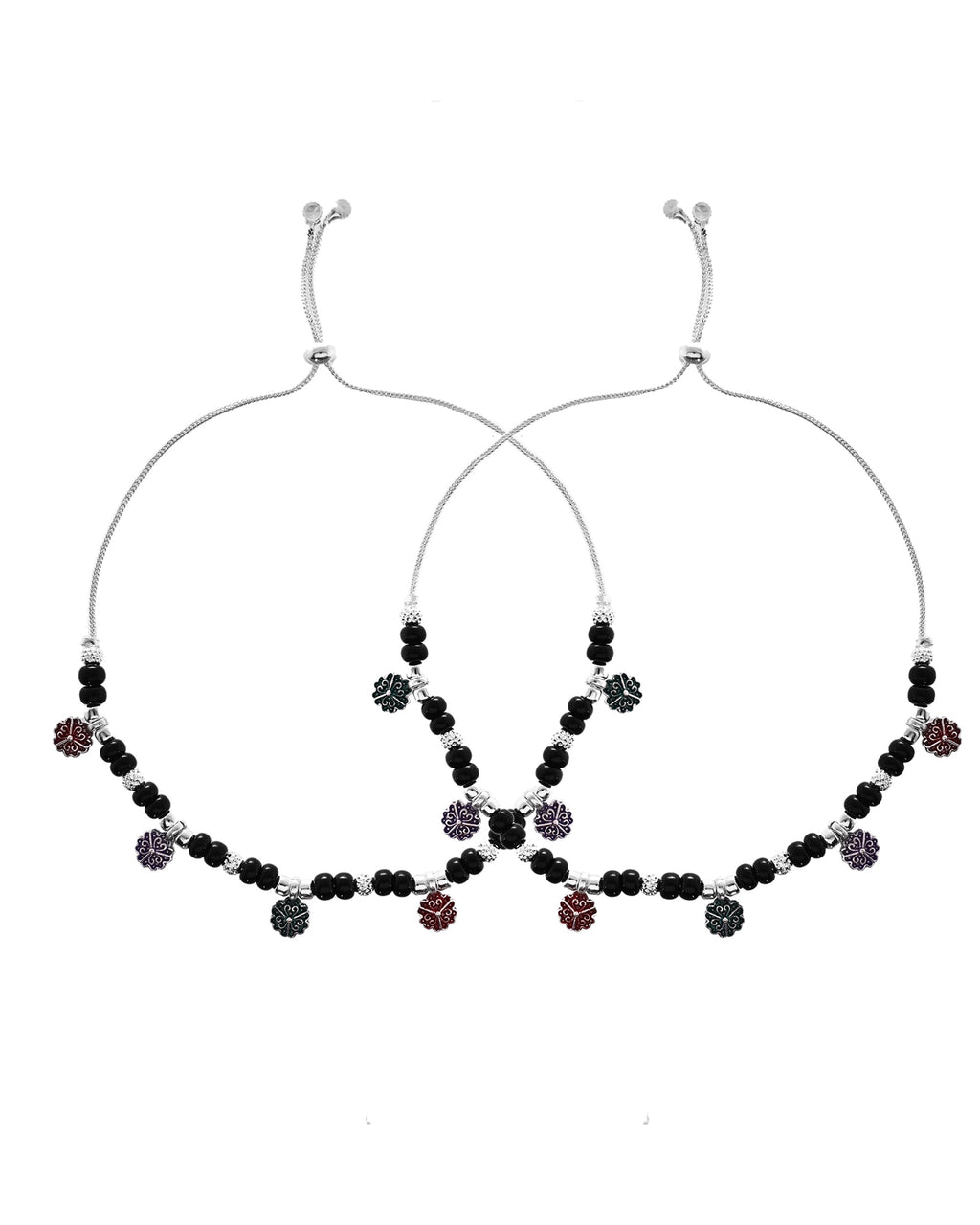VOJ Set of 2 Stainless Steel Artificial Beads Anklet