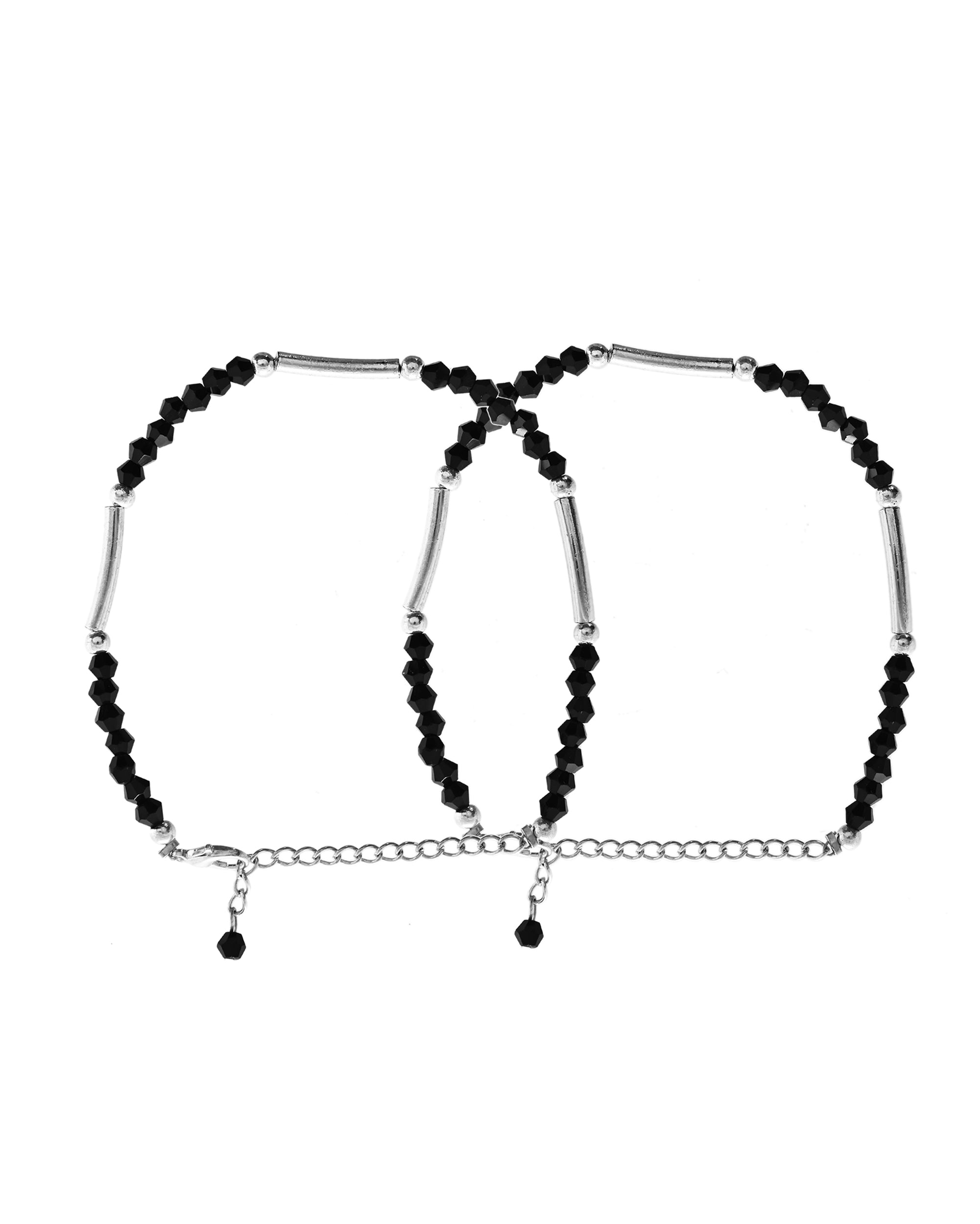 VOJ Set of 2 Black Artificial Beads Studded Anklet