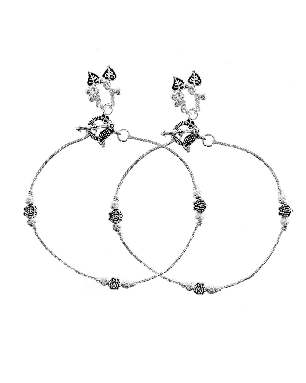 VOJ Set of 2 Silver Toned Floral Handcrafted Stainless Steel Anklet