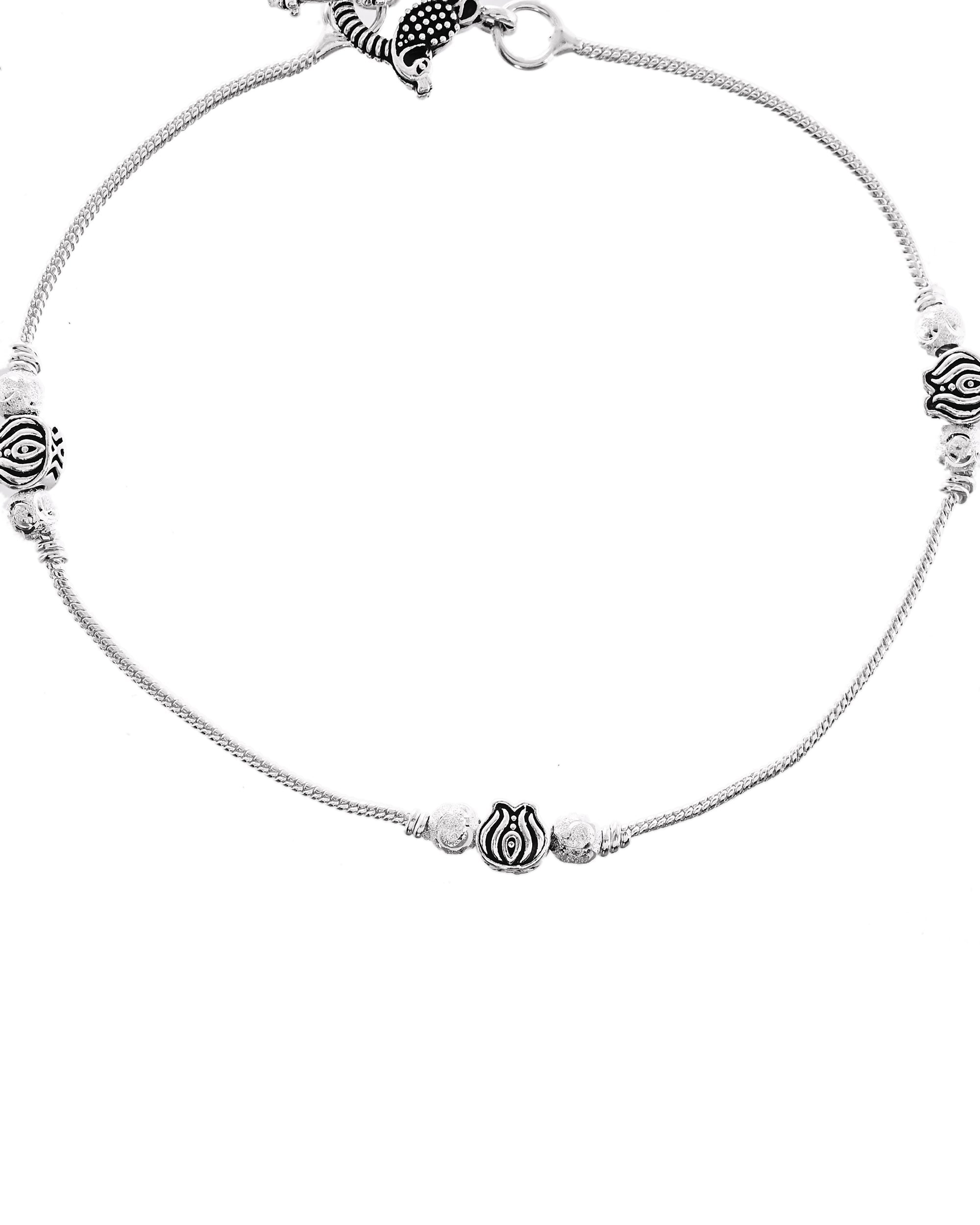 VOJ Set of 2 Silver Toned Floral Handcrafted Stainless Steel Anklet