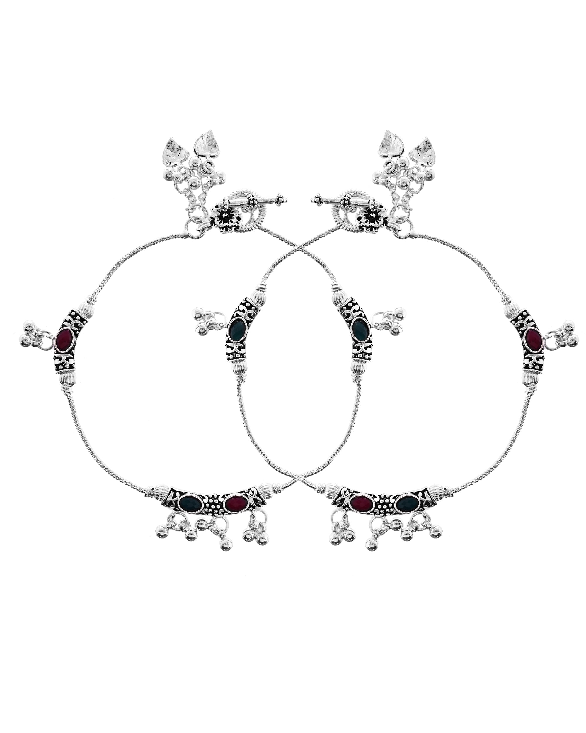 VOJ Set of 2 Silver Toned Meenakari Designed Stainless Steel Anklet - Distacart
